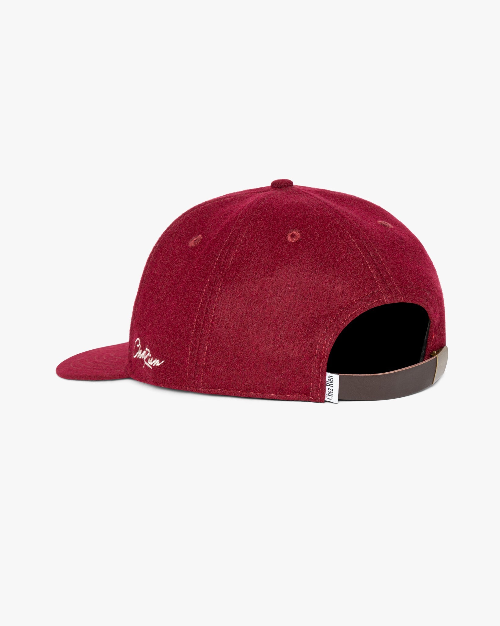 Men’s burgundy wool letterman baseball cap with felt patch and embroidered logo