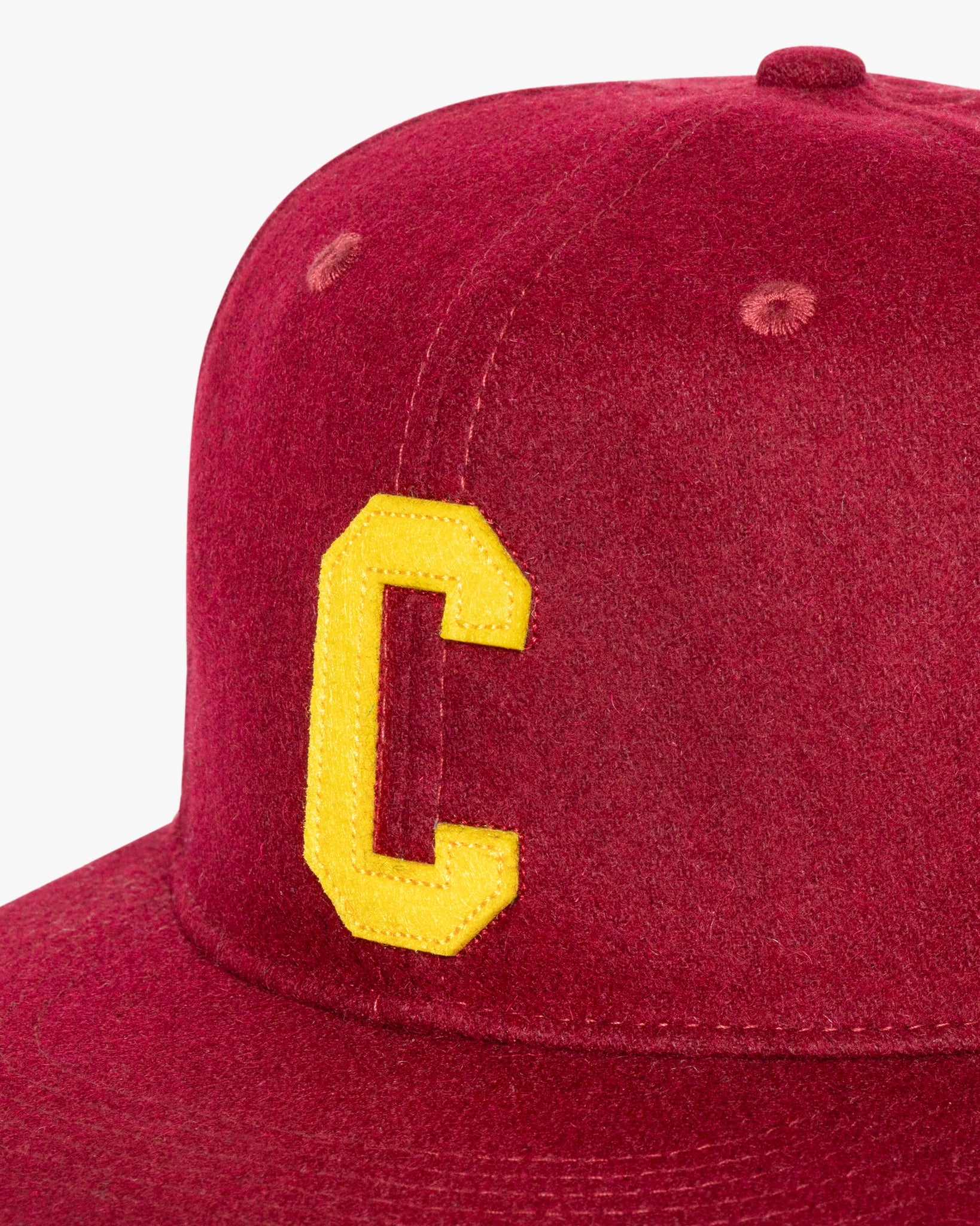 Men’s burgundy wool letterman baseball cap with felt patch and embroidered logo
