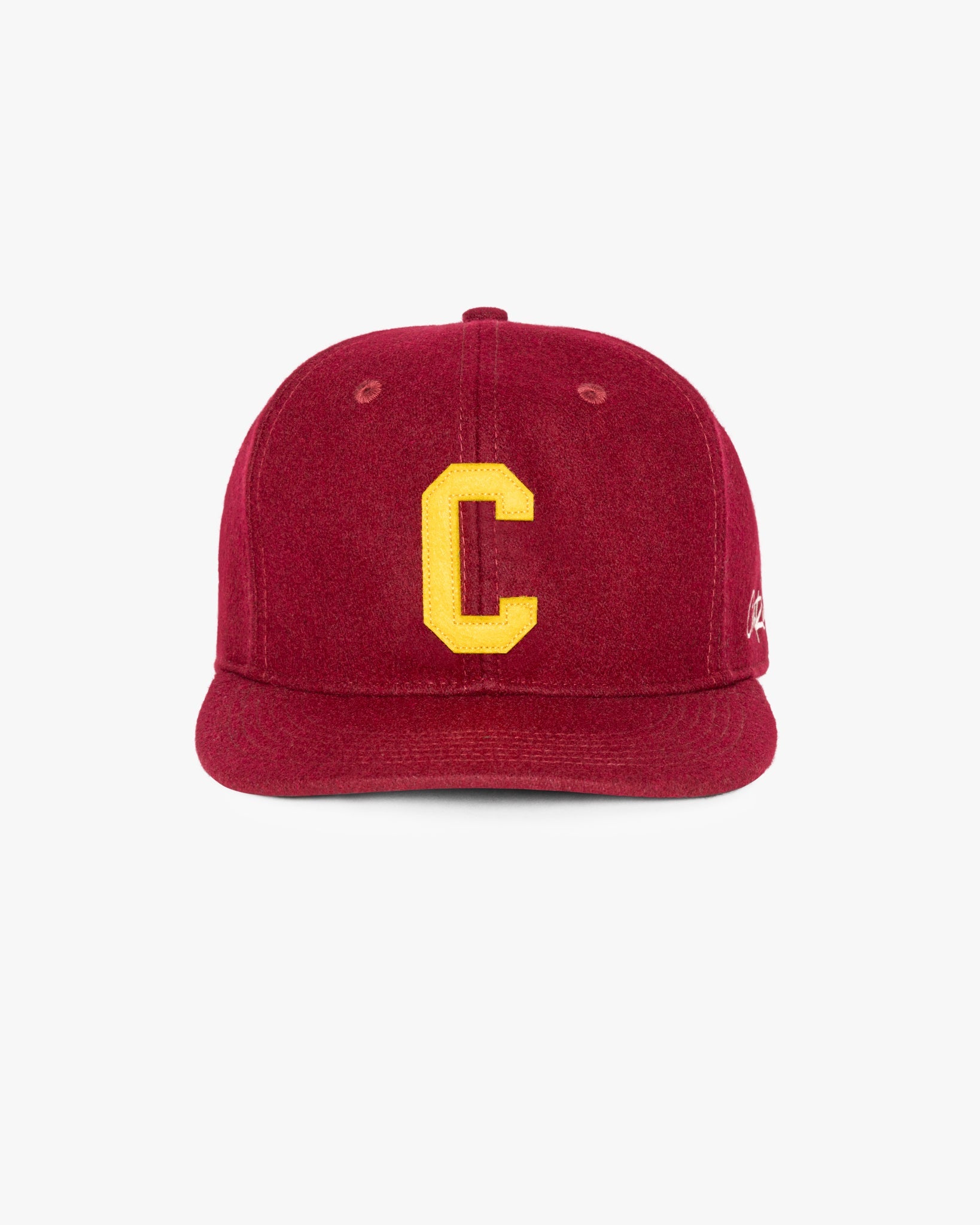 Men’s burgundy wool letterman baseball cap with felt patch and embroidered logo