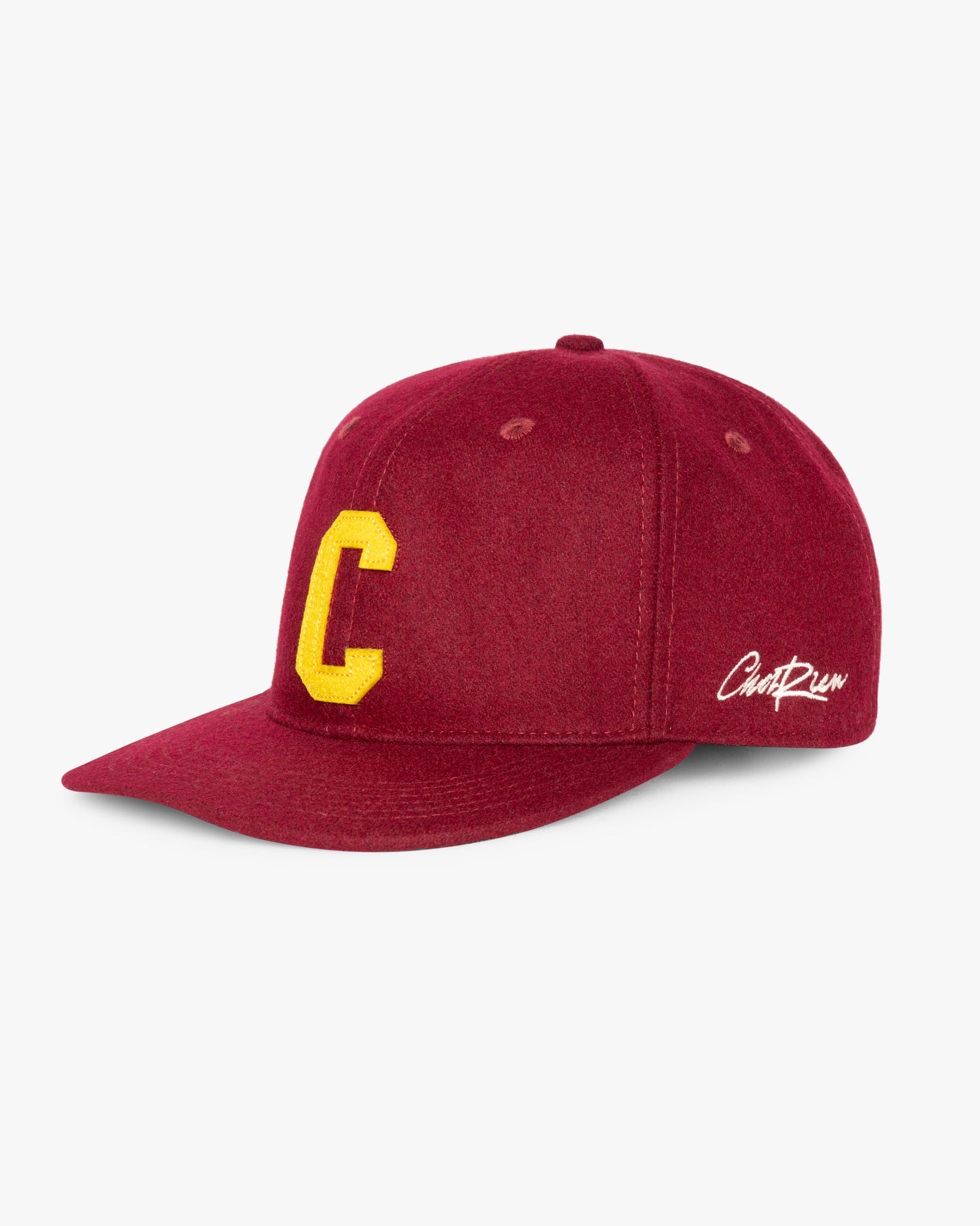 Men’s burgundy wool letterman baseball cap with felt patch and embroidered logo