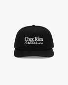 A black baseball cap with 'Chez Rien Athletics' embroidered in white on the front, set against a plain light gray background.